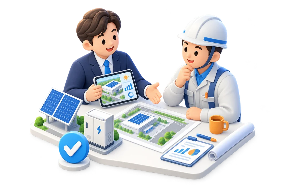 担当者が現場条件に合う電源プランを提案しているアイソメトリックイラスト