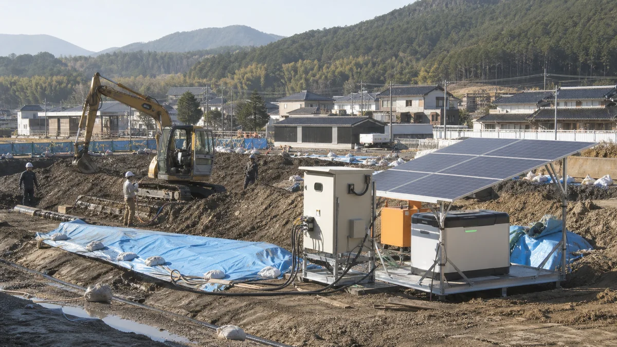 建設・土木工事現場で太陽光パネルと蓄電設備を使用している様子