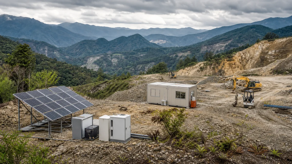 山間部の造成地に設置した太陽光パネルと蓄電設備