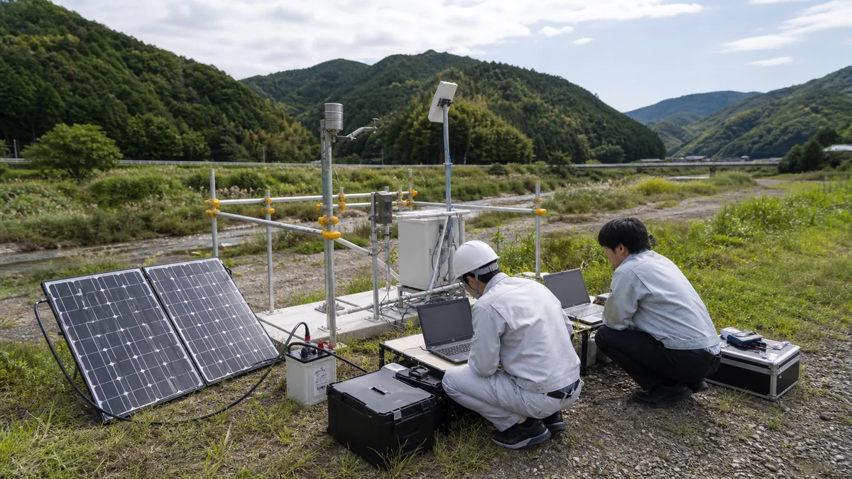 屋外の実証実験設備を確認する技術者