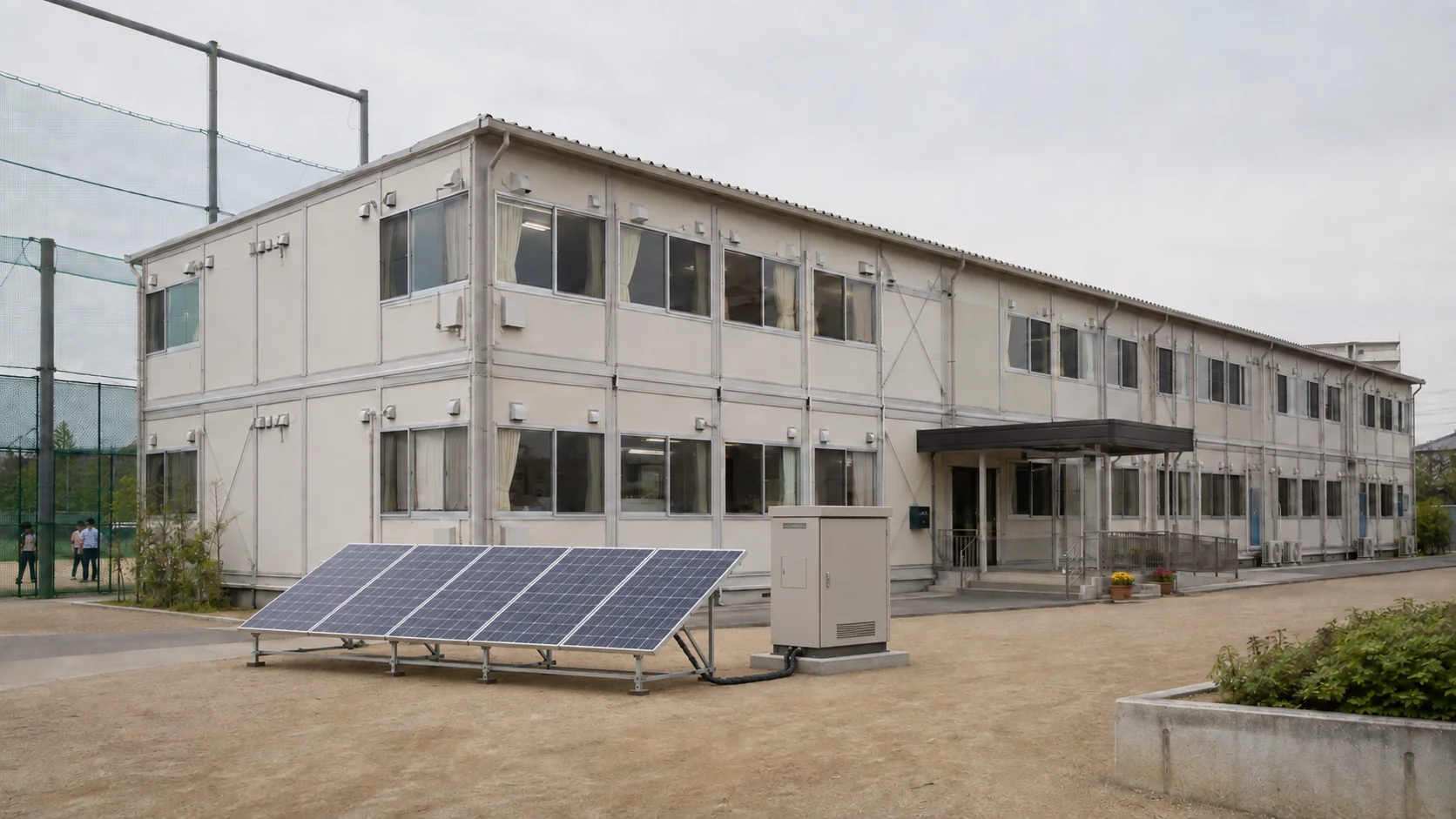 太陽光パネルと蓄電設備を備えた2階建ての仮設校舎